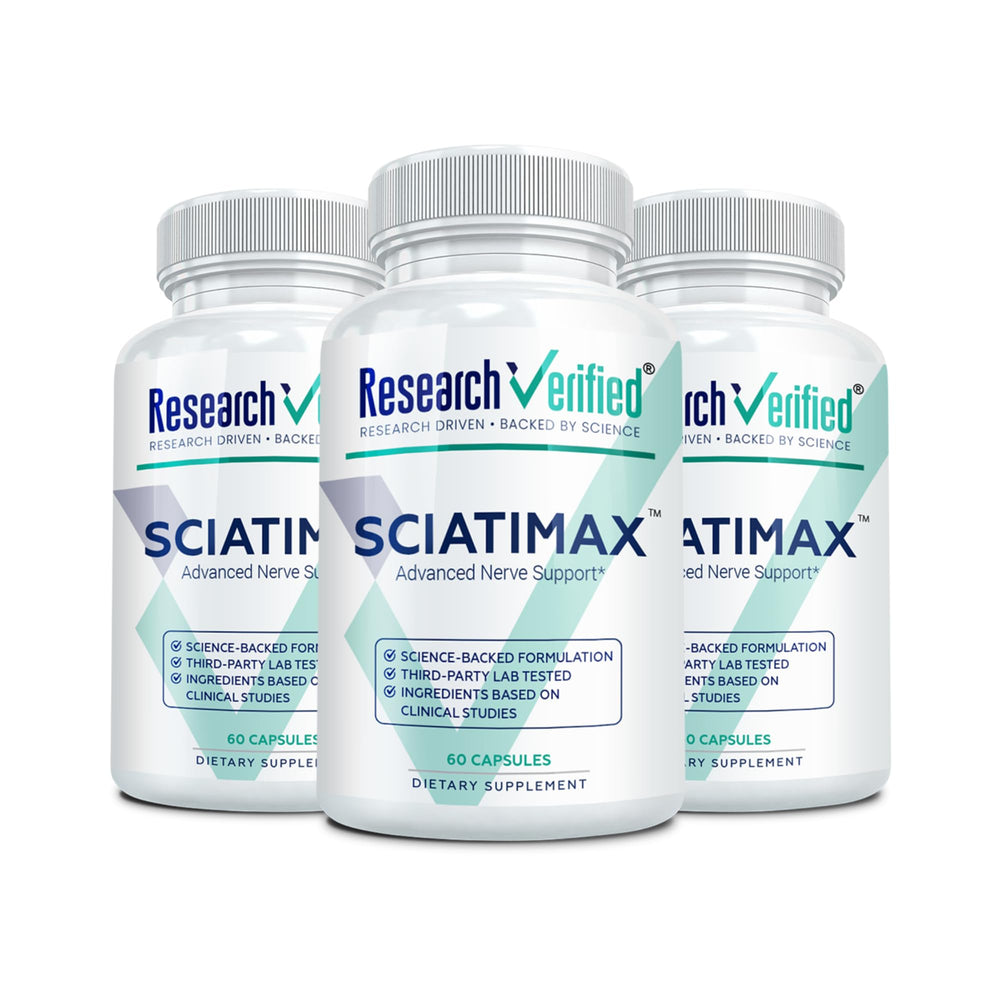 Research Verified Sciatimax bottle closeup for nerve support and everyday use