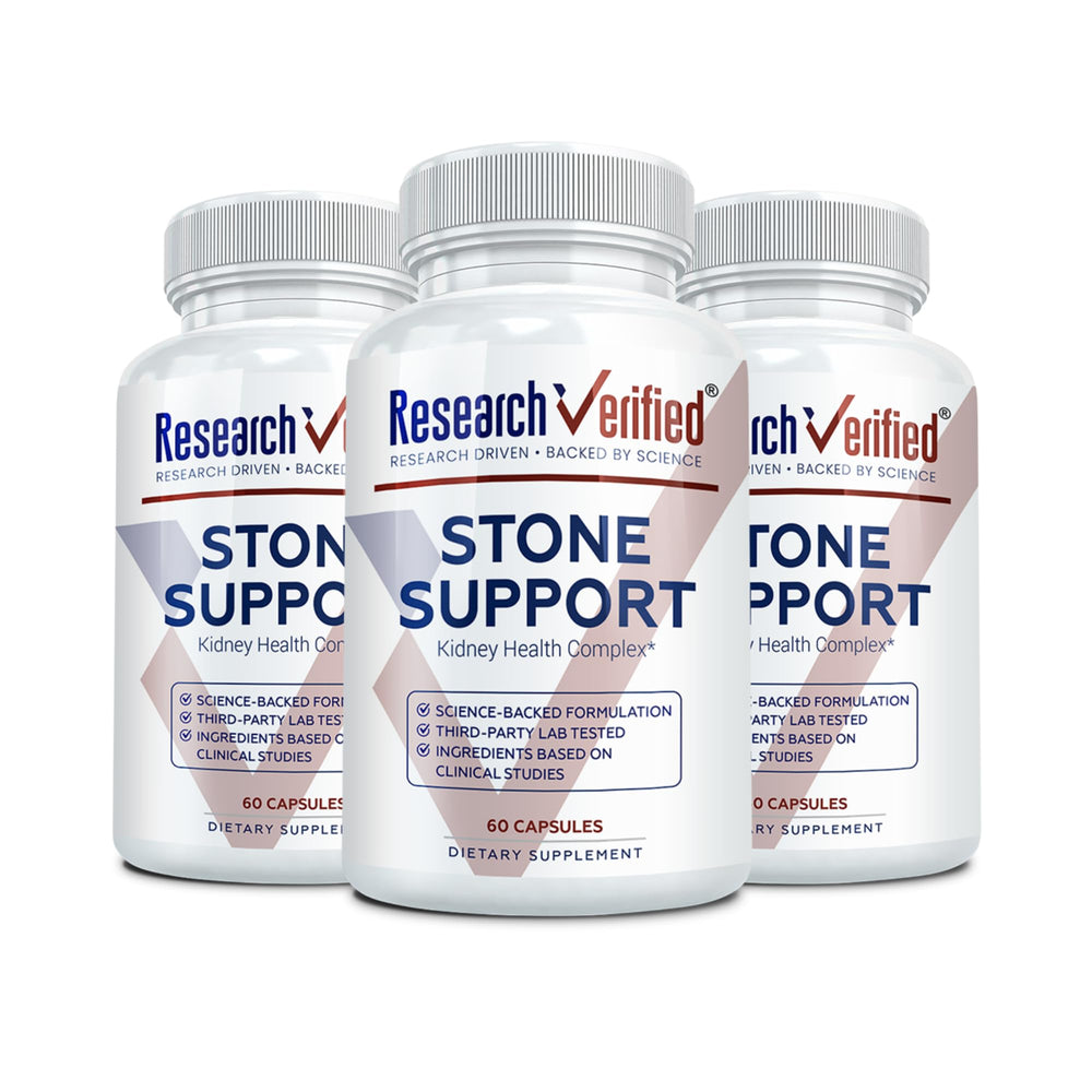 Research Verified Stone Support bottle front view highlighting a natural herbal formula for stone support