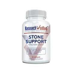 Research Verified Stone Support bottle front with vegan capsules for urinary balance