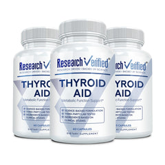 Research Verified Thyroid Aid bottle front shows vegan thyroid support formula for daily wellness.