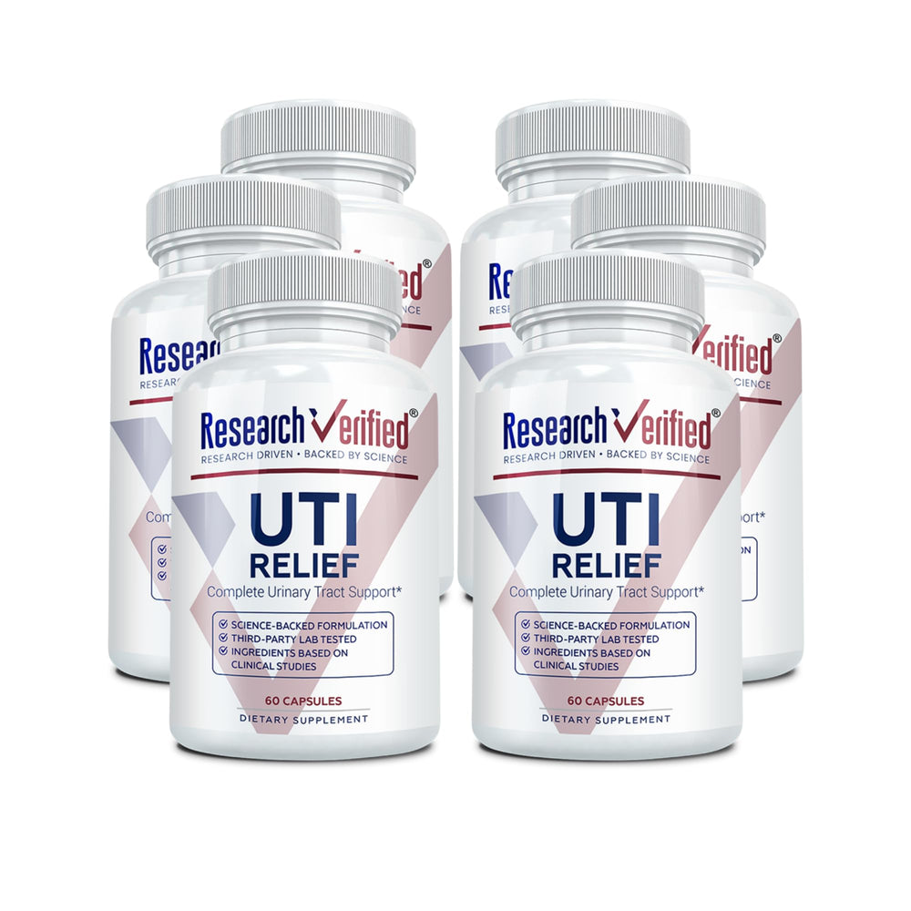 Research Verified UTI Relief bottle front shows a trusted vegan supplement for urinary tract support