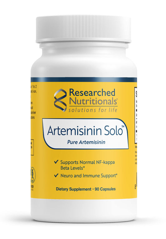 Researched Nutritionals Artemisinin Solo bottle label shows 250 mg artemisia annua per serving for immune support.