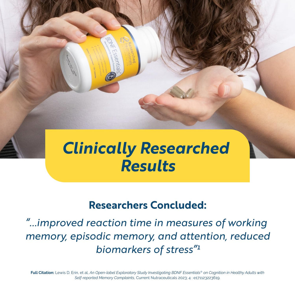 Researched Nutritionals BDNF Essentials bottle in hand for portable brain support