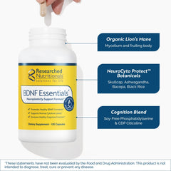 Researched Nutritionals BDNF Essentials capsules on pack for on-the-go cognition