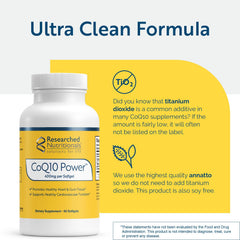 Researched Nutritionals CoQ10 softgels closeup shows compact, easy-to-take capsule
