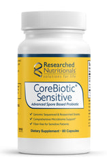Researched Nutritionals CoreBiotic Sensitive bottle closeup highlighting low-FODMAP-friendly probiotic formulation.