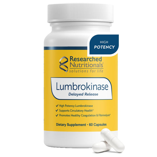 Researched Nutritionals Lumbrokinase bottle front showing high-potency enzyme supplementation.
