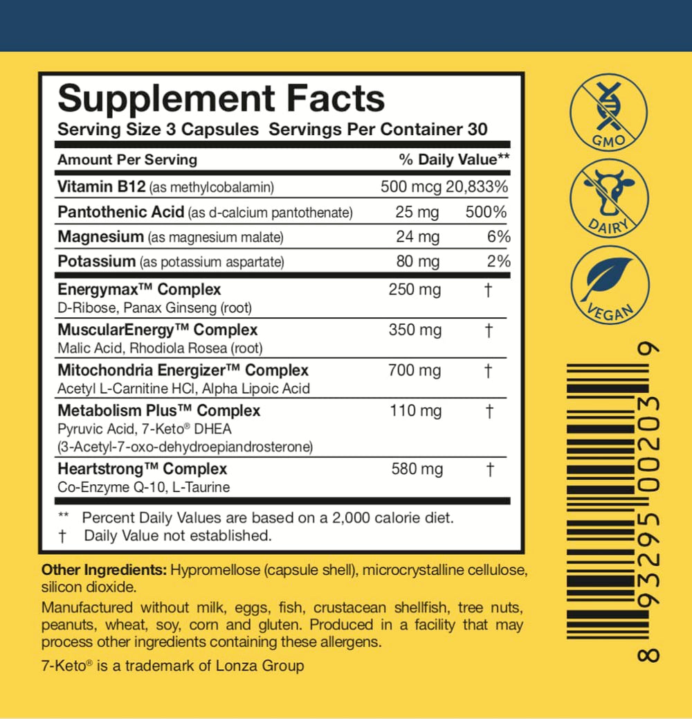Close-up of NADH and CoQ10 on ATP 360 label with Researched Nutritionals.