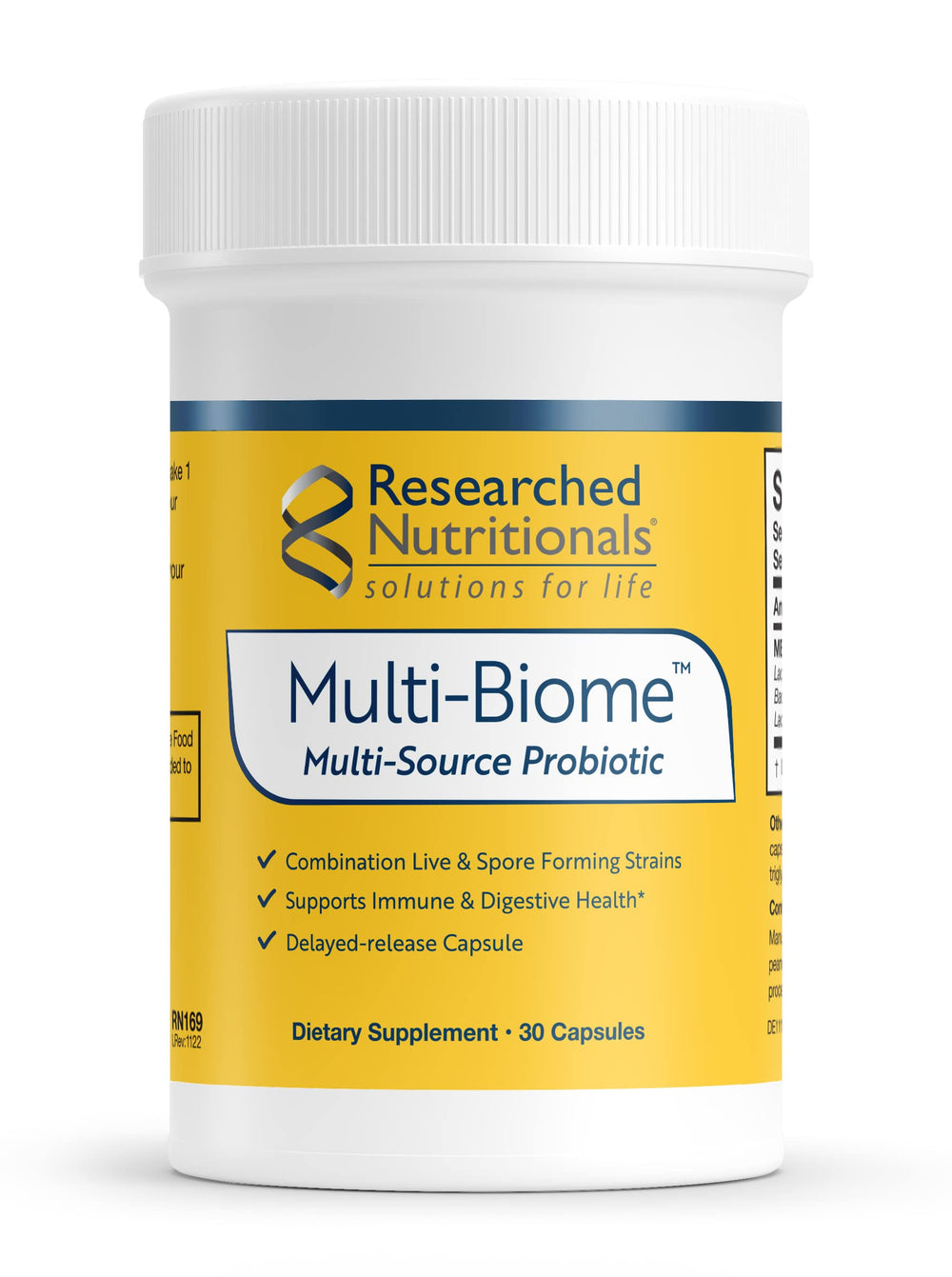 Researched Nutritionals Multi-Biome bottle front showing dual-action probiotics for daily gut support
