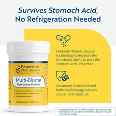 Packaging side of Researched Nutritionals Multi-Biome illustrating shelf-stable design for travel