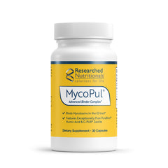 Researched Nutritionals MycoPul bottle closeup showing capsules designed for targeted mycotoxin binding.