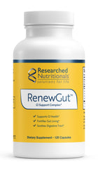 RenewGut bottle by Researched Nutritionals on a counter for daily gut support