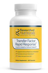Researched Nutritionals Transfer Factor Rapid Response bottle emphasizes fast immune support potential.