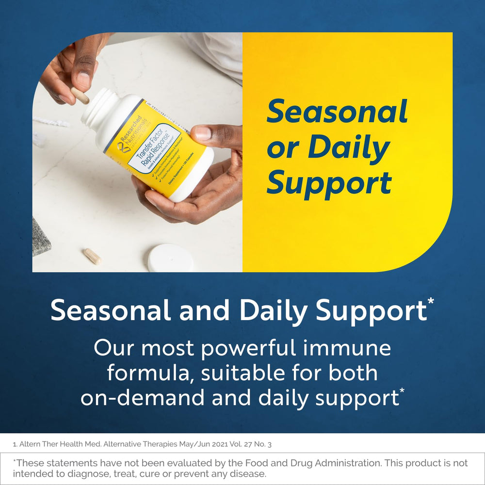 Researched Nutritionals Transfer Factor Rapid Response ingredients blend shows Bioisolate and beta glucan for support.