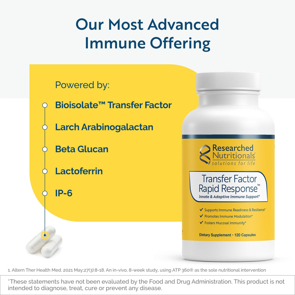 Researched Nutritionals Transfer Factor Rapid Response label packaging emphasizes zinc and gut-friendly components.