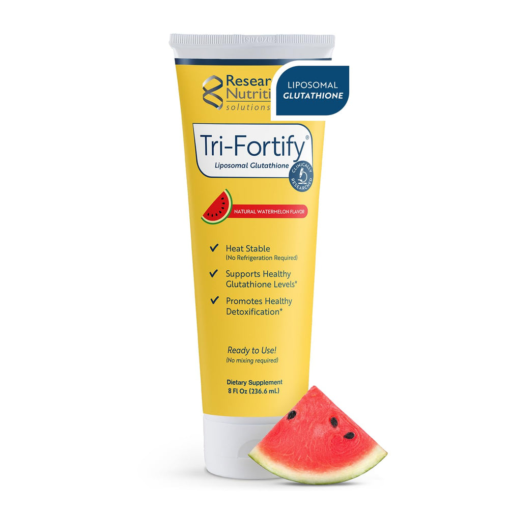 Researched Nutritionals Tri-Fortify bottle in watermelon flavor supports convenient daily detox and antioxidant routine.