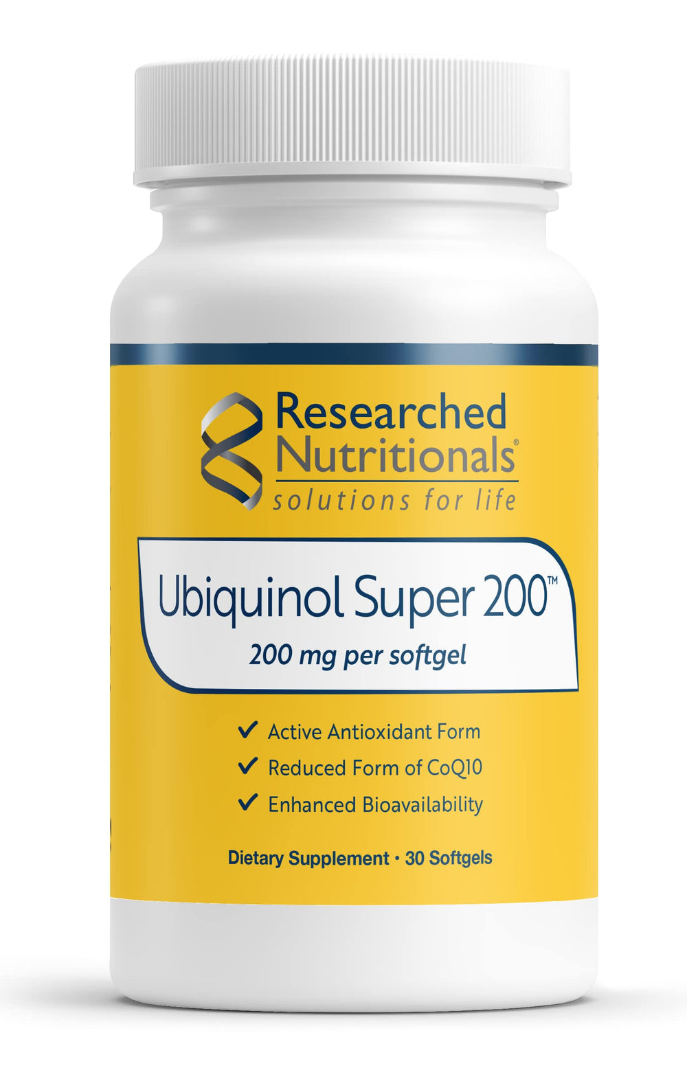 Researched Nutritionals Ubiquinol Super 200 bottle front view for heart health support