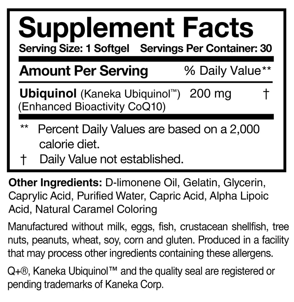 Researched Nutritionals Ubiquinol Super 200 label detail non-GMO soy-free