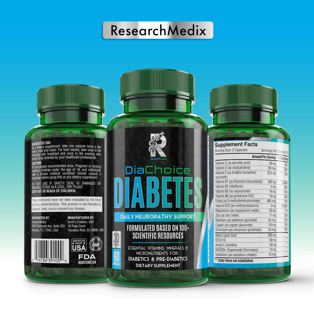 Close-up of DiaChoice label with 600 mg ALA and key ingredients.