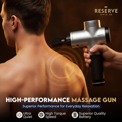 Close-up of massage gun heads showing six percussion options for targeted relief