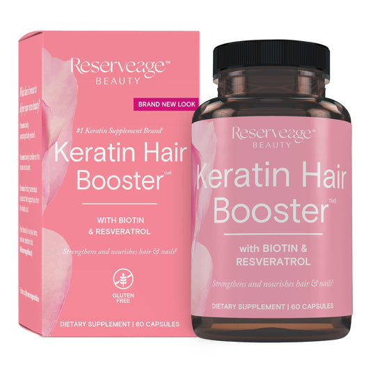 Reserveage Beauty Keratin Hair Booster bottle on a clean surface for easy daily use.