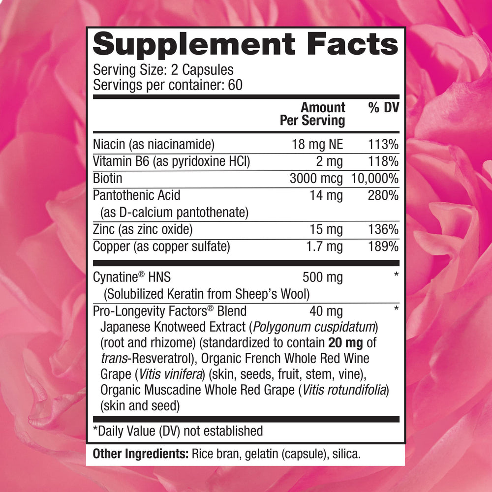 Closeup of Reserveage Beauty Keratin Hair Booster capsules for hair and nails.