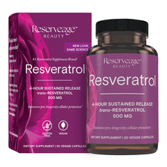 Reserveage Beauty resveratrol 500 mg bottle front view highlighting packaging and antioxidant focus