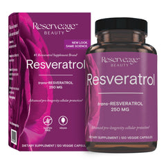 Reserveage Beauty Resveratrol bottle front displays vegan antioxidant formula for daily support.