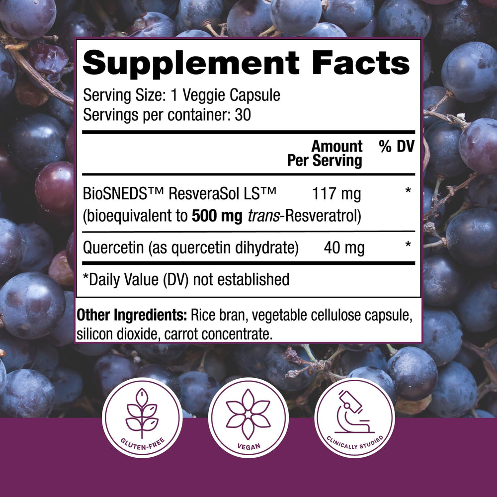 Close-up of Reserveage Beauty Resveratrol Plus+ bottle label showing potency