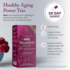 Reserveage NAD Resveratrol Plus+ label close-up signaling antioxidant support