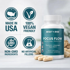 Reset+Rise made-in-USA vegan non-GMO capsules signal clean choices.
