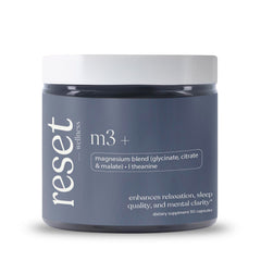 Reset Wellness M3+ bottle front view highlighting magnesium trio for balanced calm.