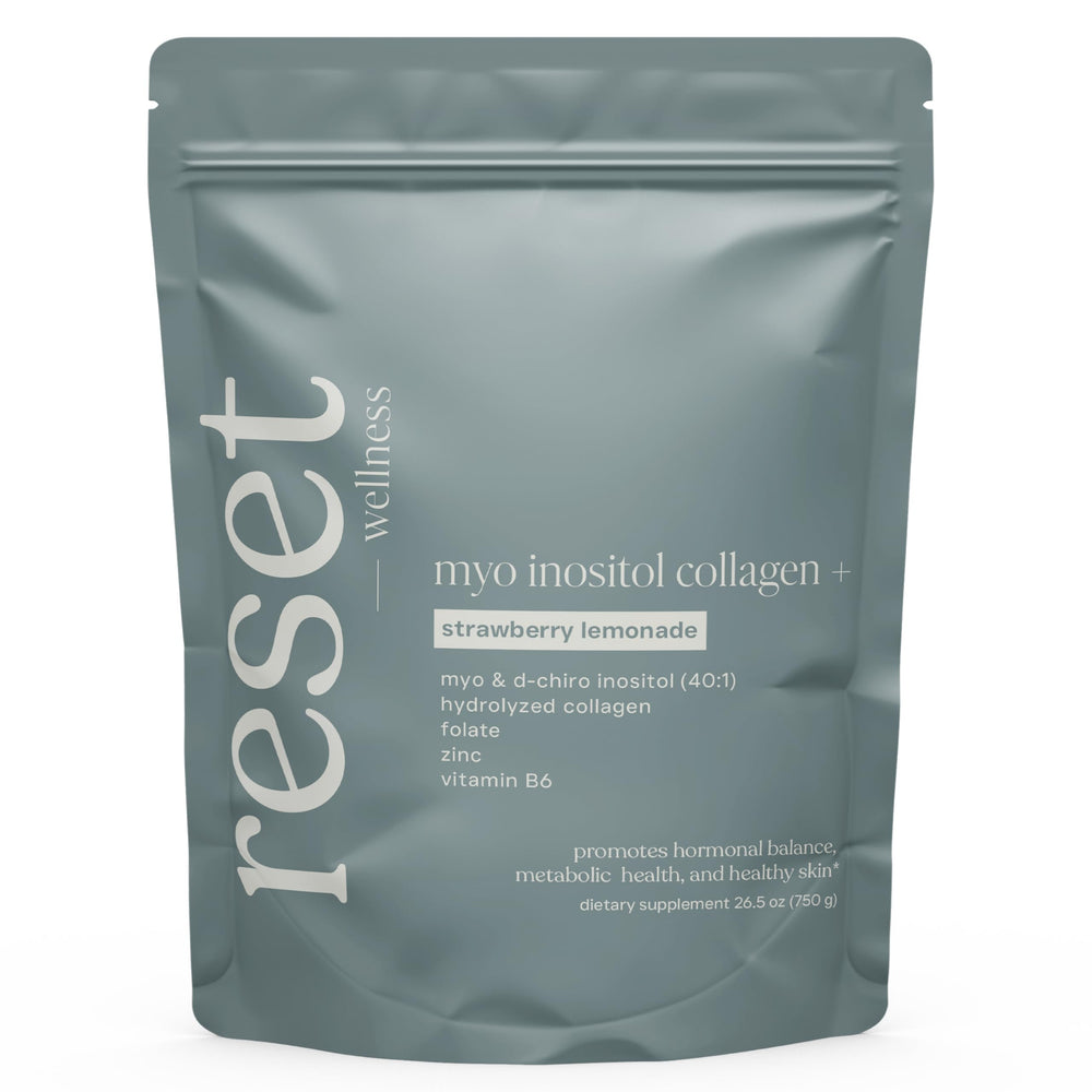 Reset Wellness MYO INOSITOL Collagen bottle pour for daily hormonal balance.