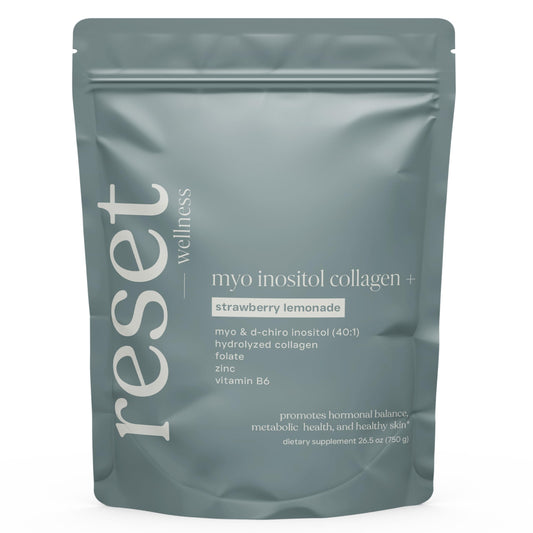 Reset Wellness MYO INOSITOL Collagen bottle pour for daily hormonal balance.