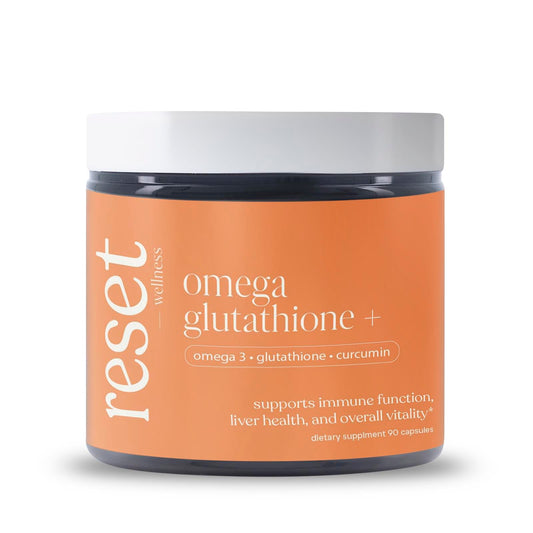 Reset Wellness Omega GLUTATHIONE+ bottle front view for daily wellness.