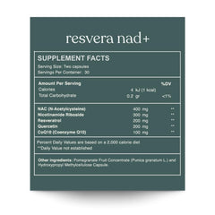 Close-up of Resvera NAD+ label emphasizing NR and CoQ10.