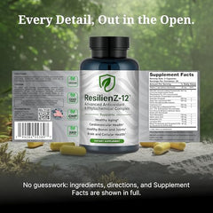 ResilienZ-12 capsules closeup highlighting easy-to-swallow antioxidant capsules