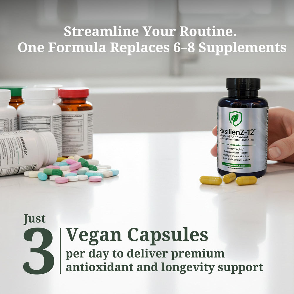 ResilienZ-12 Tocotrienols capsules on glass for multi-system wellness