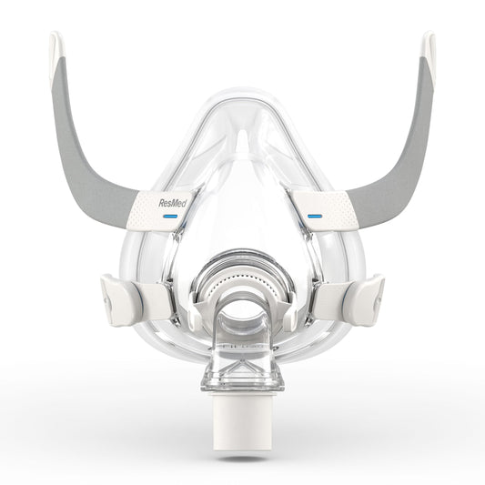 ResMed AirFit F20 frame small wearing a secure fit for night use.