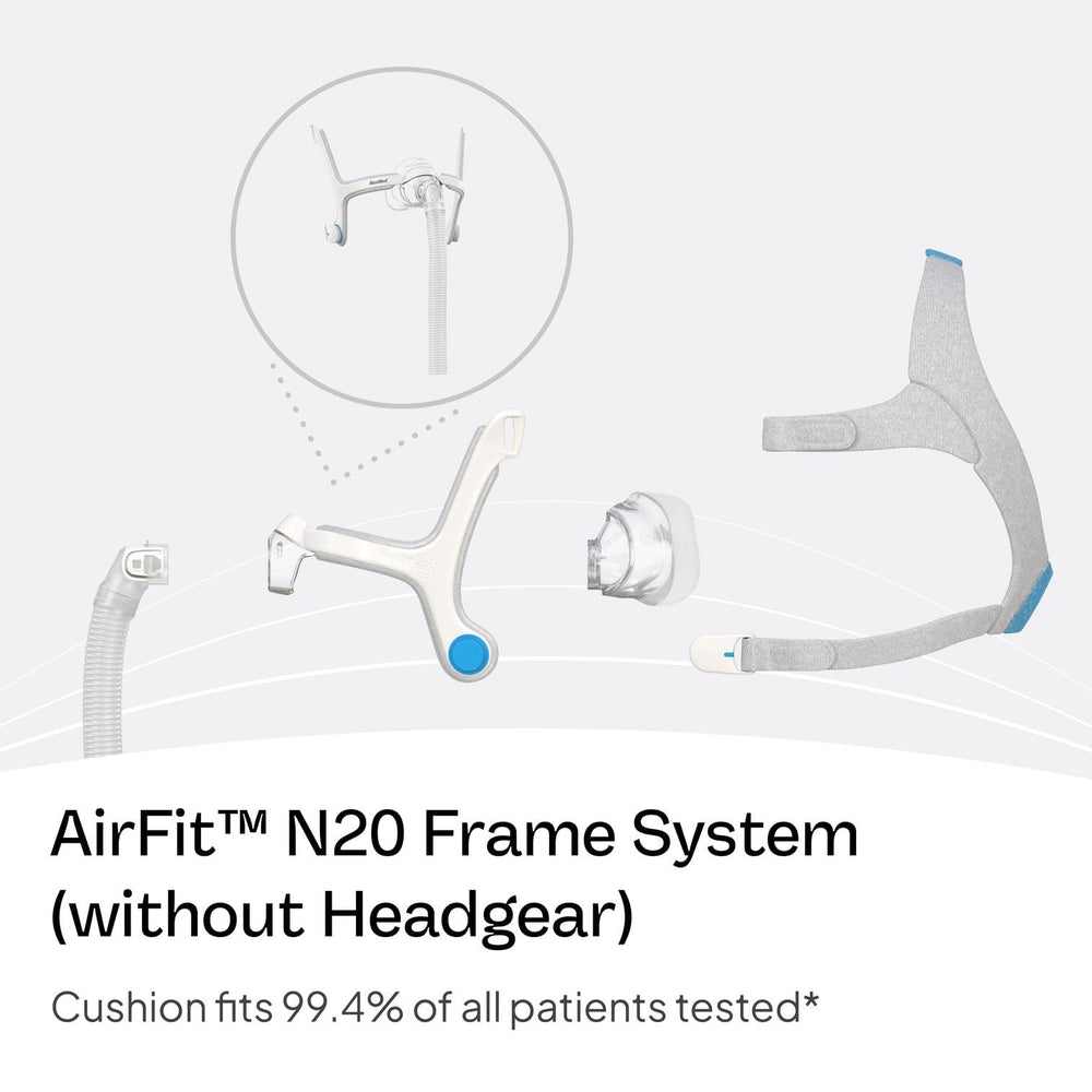 ResMed AirFit N20 nasal cushion: comfortable seal for restful nights.
