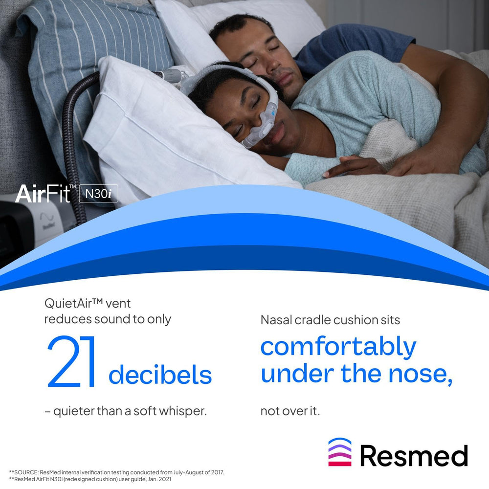 ResMed user wearing AirFit N30i cushion for restful sleep setup