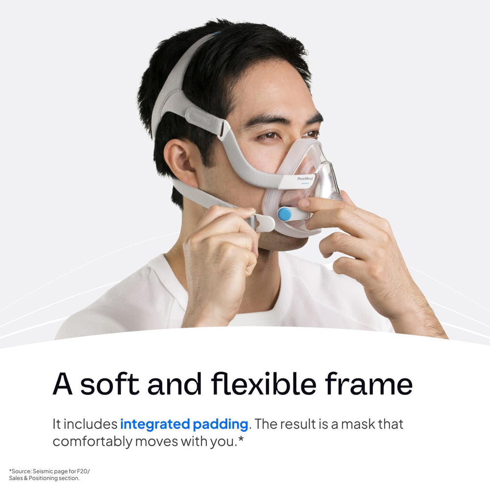 ResMed AirTouch F20 headgear blue side view demonstrating lightweight comfort during sleep.