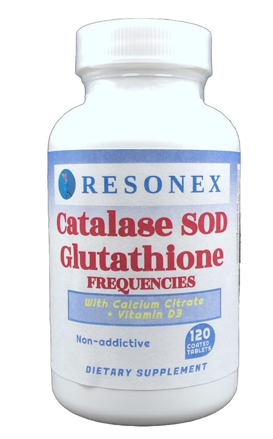 Resonex Catalase-SOD-Glutathione tablets bottle front for daily enzyme support.