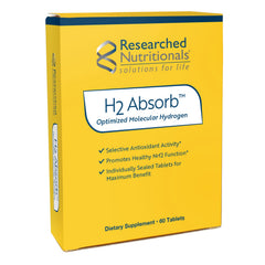 Researched Nutritionals H2 Absorb bottle front view—vegan hydrogen tablets for convenient hydration.