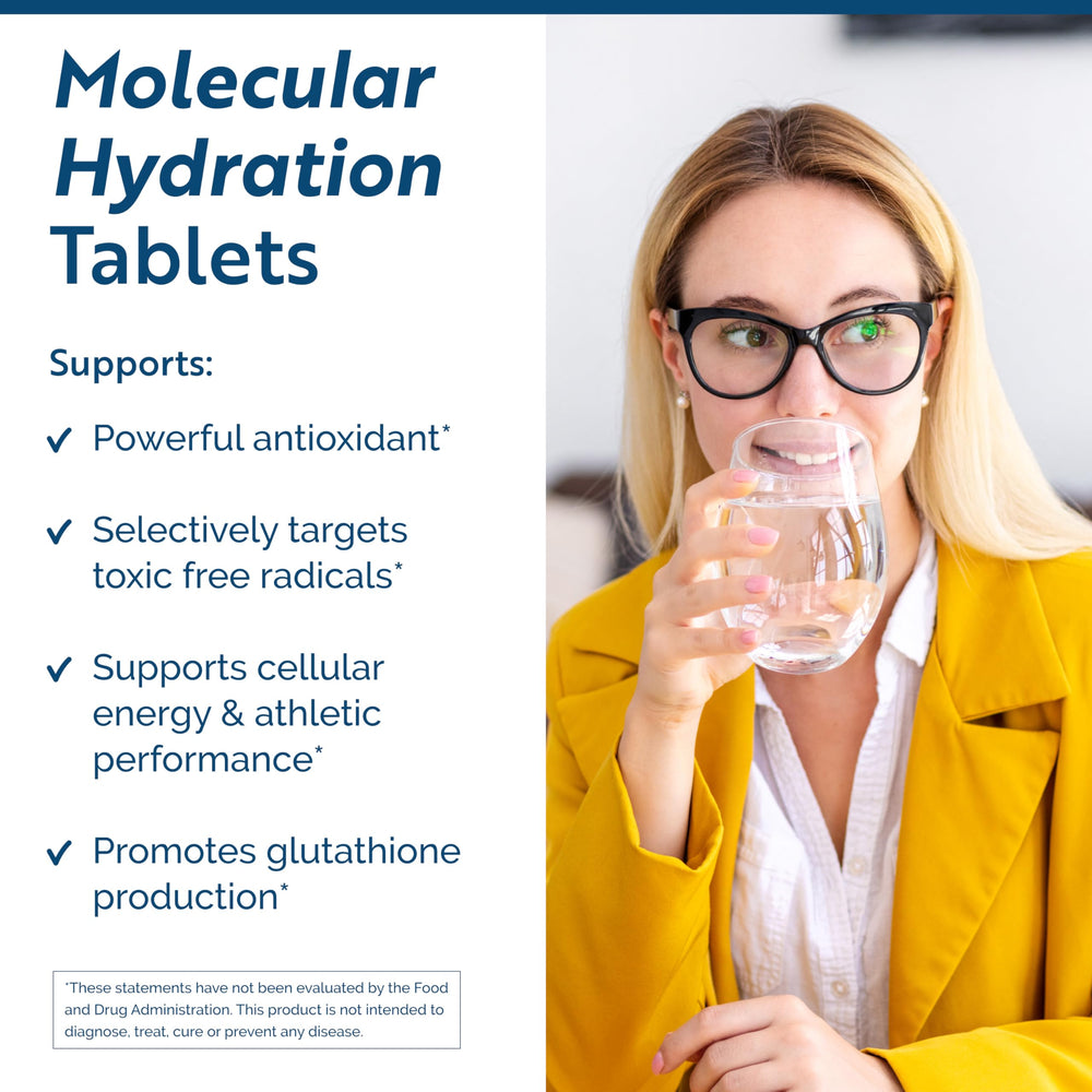 Researched Nutritionals H2 Absorb tablet dissolving in water for instant hydrogen-rich hydration.