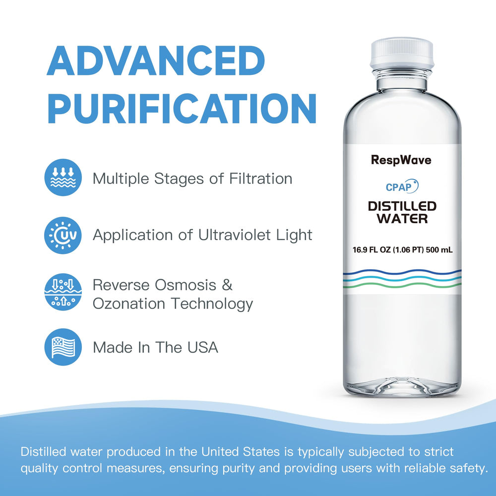RespWave USA-made distilled water ensures safe, odor-free humidification on the go.
