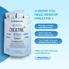 Ressor creatine scoop in pack shows easy single-serve measurement.