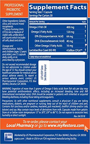 Restora omega-3 softgels shown beside probiotic capsules for balanced daily wellness
