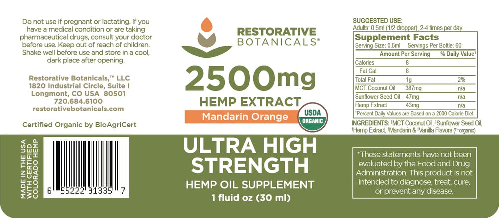 Restorative Botanicals 2500mg label closeup showing potency and quality