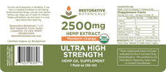 Restorative Botanicals 2500mg label closeup showing potency and quality